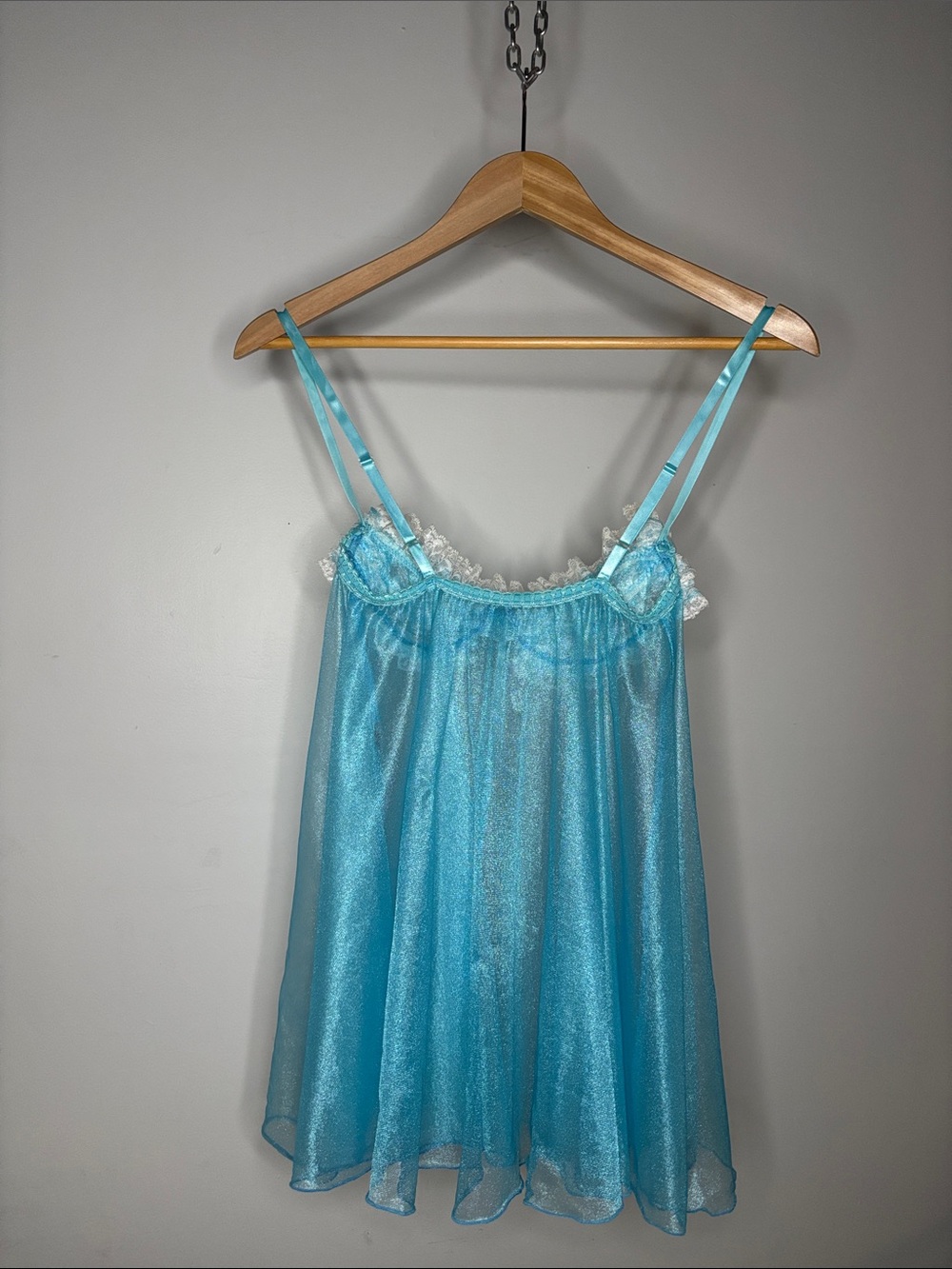 Y2K Era Sheer Ruffled Babydoll Chemise in Aqua with White Lace - Picture 5 of 9